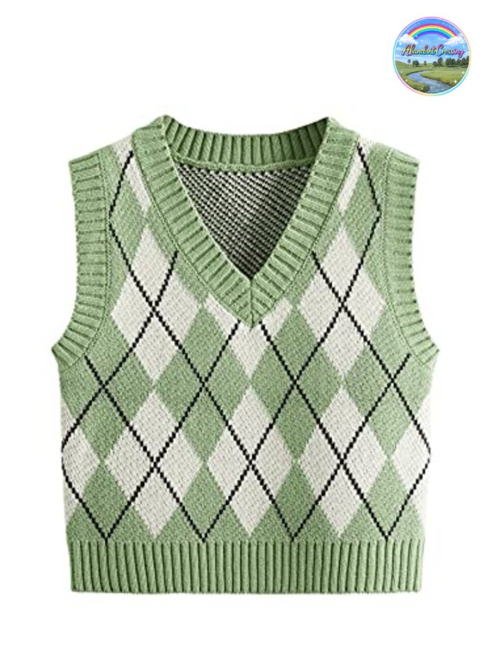 Sleeveless V Neck Knit Crop Sweater Vest Plaid Geo Ribbed Hem